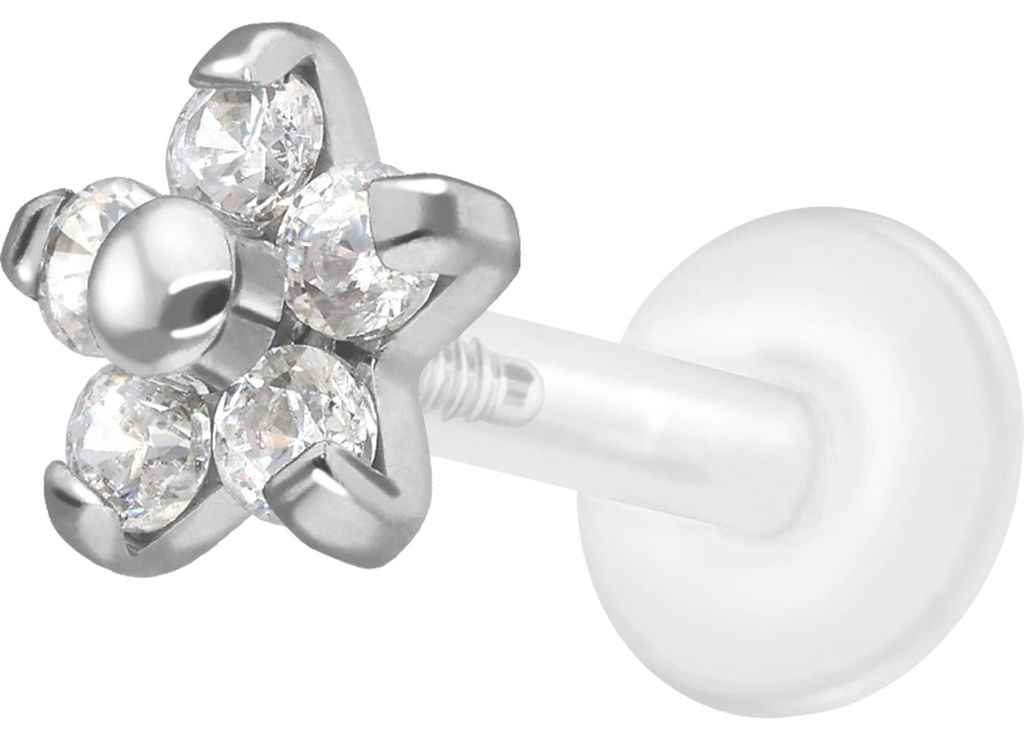 Ohrpiercing, Nasenpiercing PTFE Labret mit Innengewinde + Titan-Aufsatz BLUME MIT 5 KRISTALLEN Silber Stablänge: 7mm | Stabstärke: 1,2mm