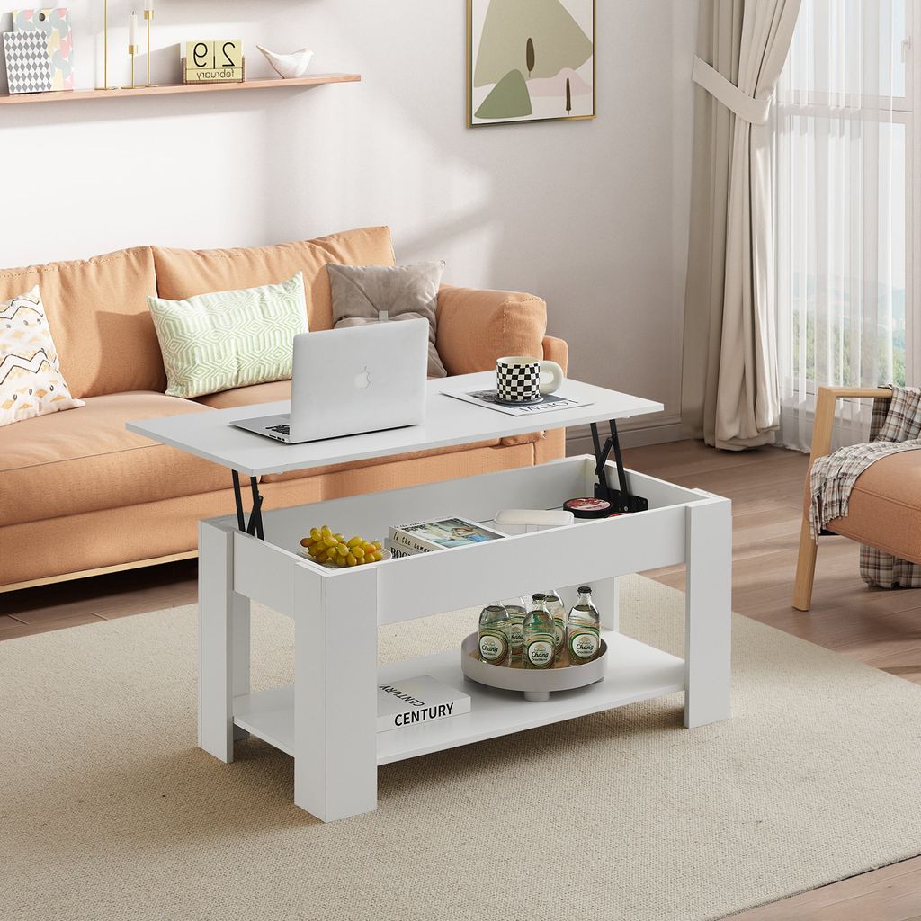 CLIPOP Höhenverstellbarer Couchtisch, Holz, Ausziehbar,100 x 50 x (43-55) cm, Weiß