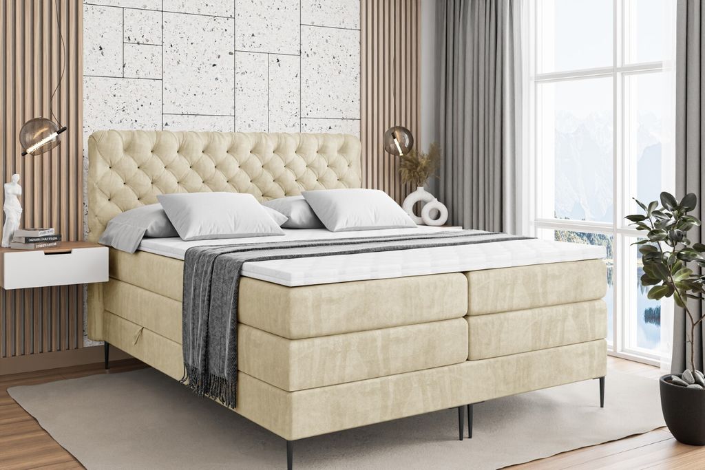 ALTDECOR Boxspringbett mit Schwarz Füßen, Matratze und Lattenrost, Topper, Polsterbett mit Bettkasten, Bett mit Stauraum H3- und H4- Matratze, Do...