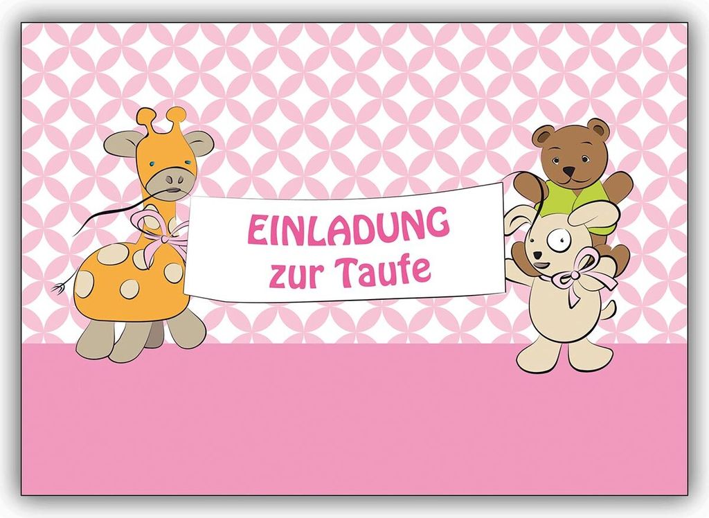 4x Süße Einladungskarte zur Taufe (Mädchen) Stofftiere auf rosa