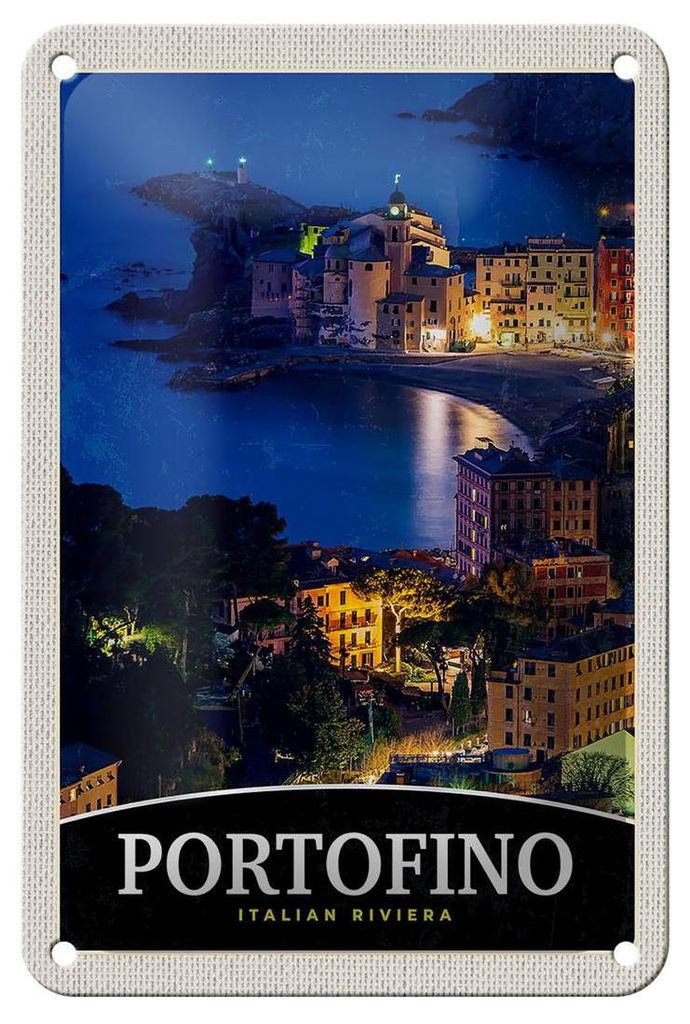 Blechschild Reise 12x18cm Portofino Italien Riviera Abend Schild