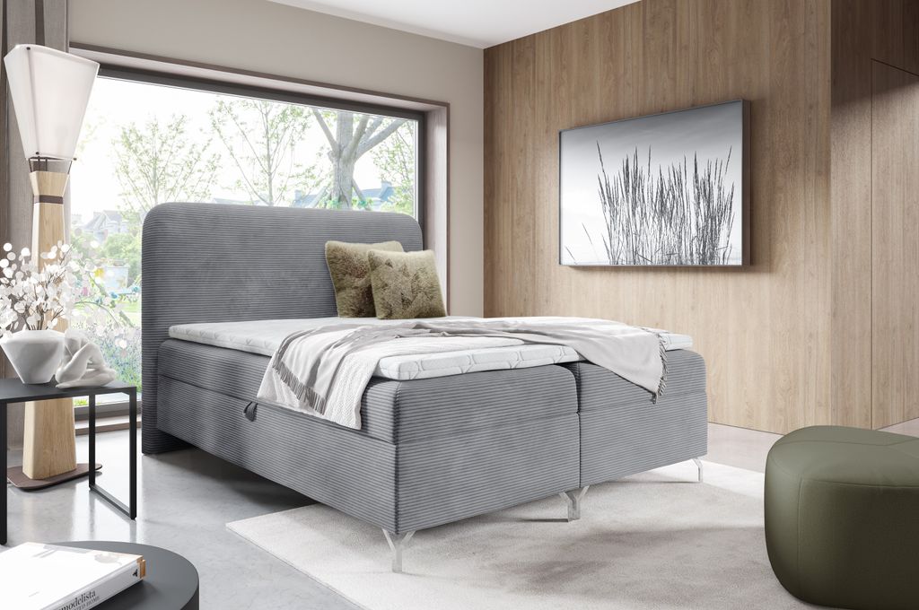 Boxspringbett GWEN mit Bettkasten aus Cord-Stoff Topper und Bonellmatratze Polsterbett mit 13 cm Beinen, 180x200 cm, Grau