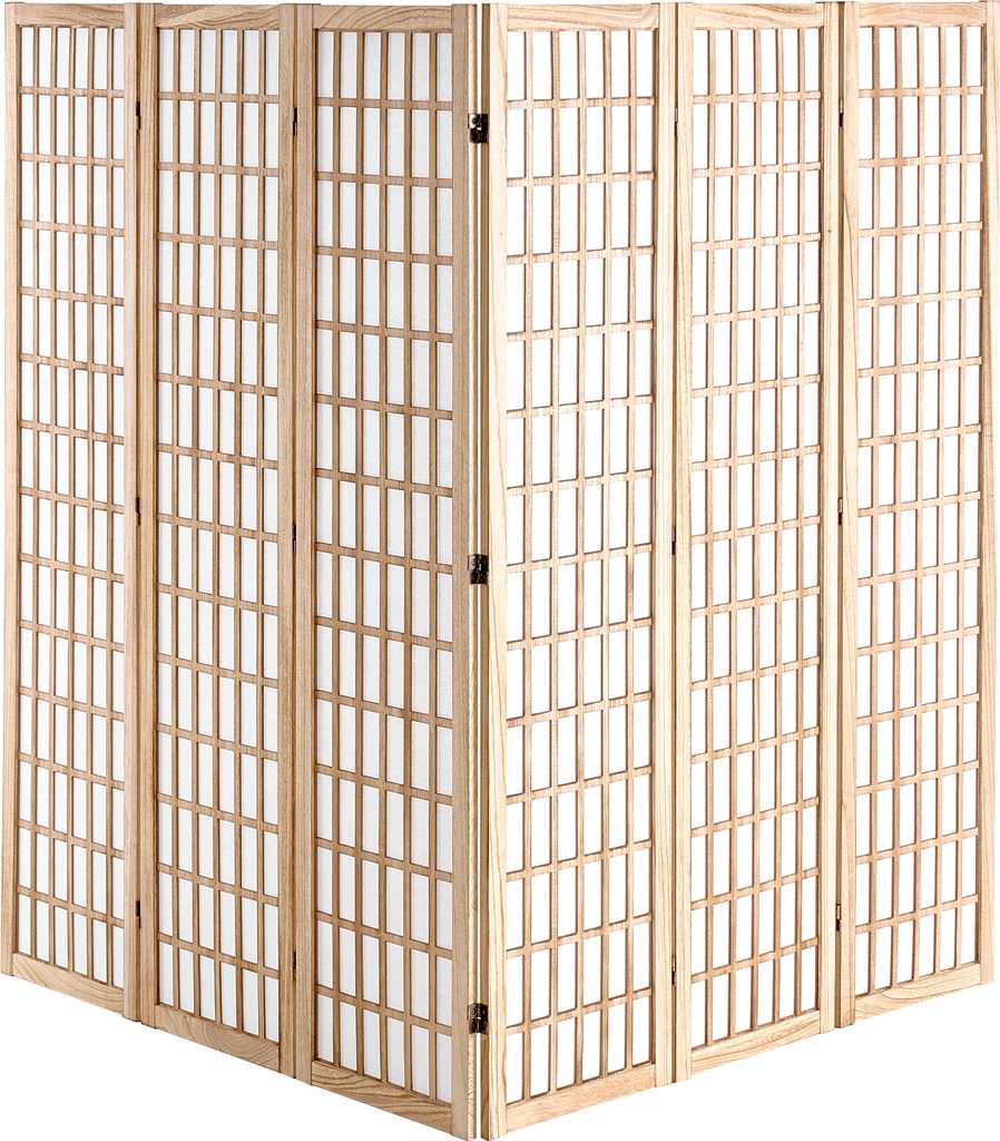 A six-panel folding room divider with a wooden frame and white paper inserts, shown in a studio setting.