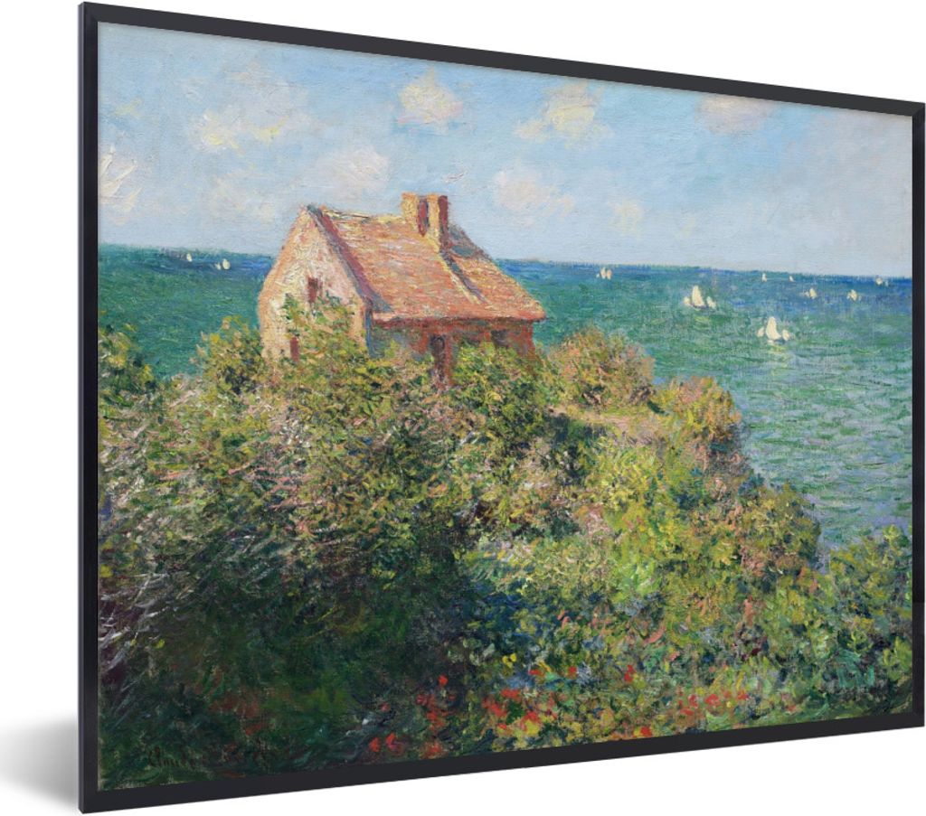 MuchoWow Gerahmtes Poster Haus des Fischers bei Varengeville - Gemälde von Claude Monet 40x30 cm - Poster mit Schwarzem Bilderrahmen Wandposter ...