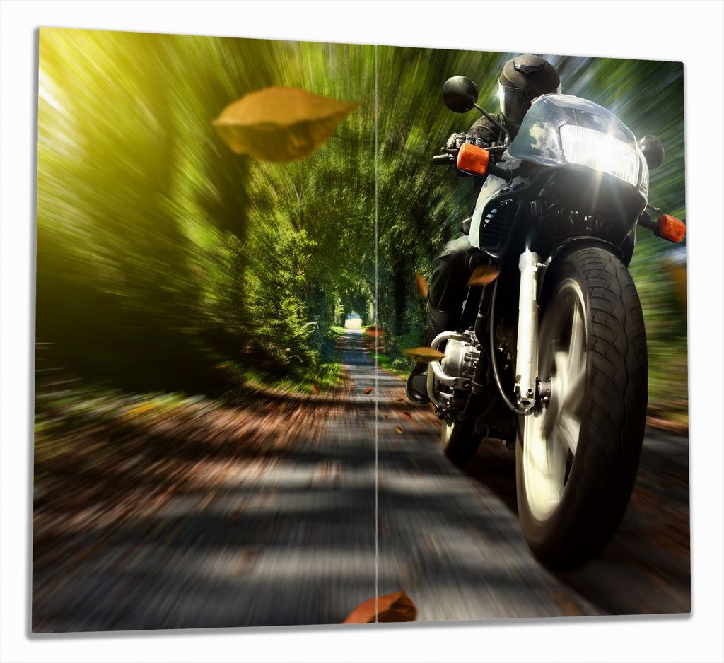 Wallario Herdabdeckplatte aus Glas, Größe 60 x 52 cm 2-teilig, Motiv Fahrendes Motorrad im Wald mit Herbstlaub