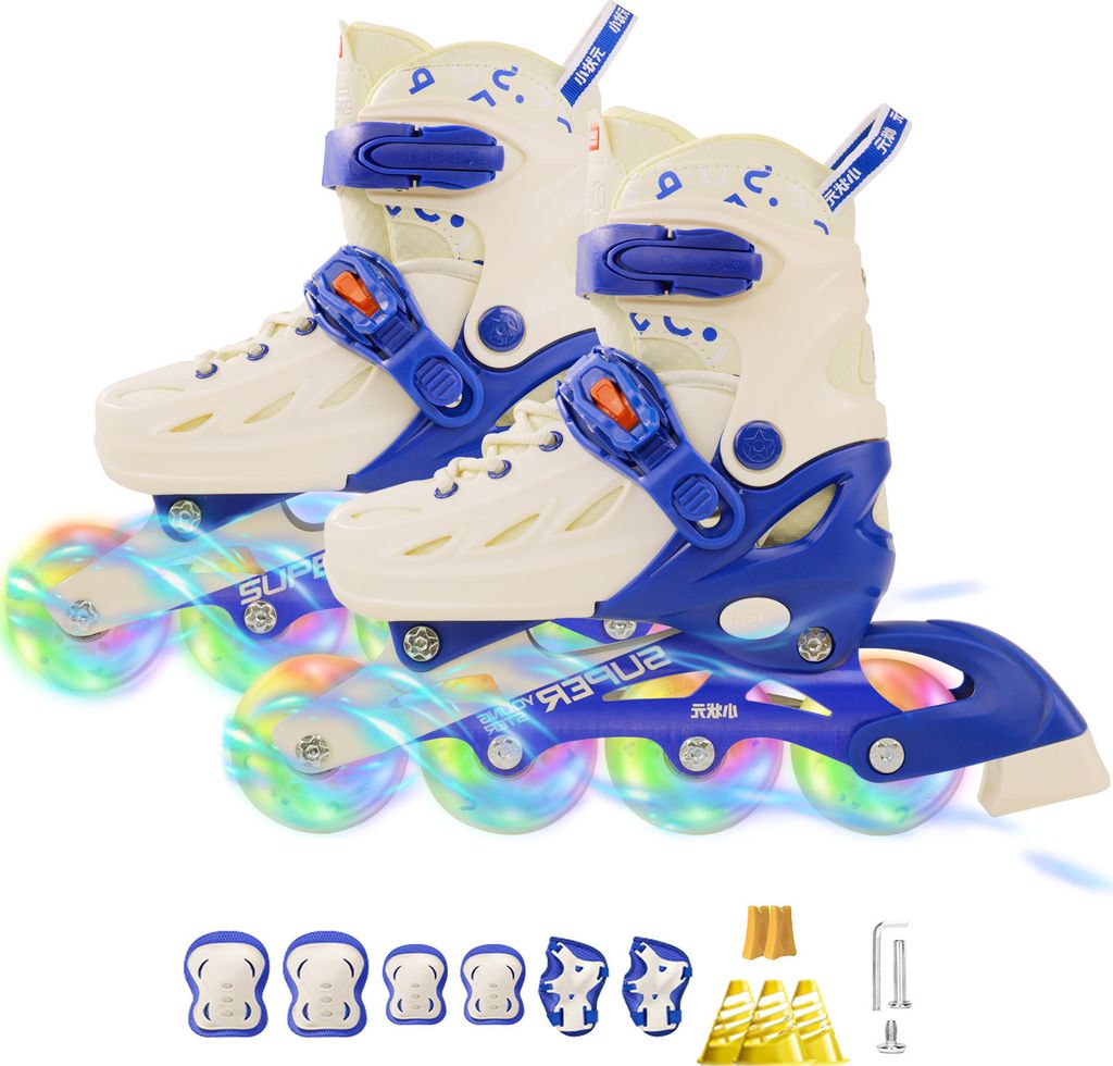 Inliner Skates für Kinder, Verstellbare 5 Größen Inline Rollschuhe Quad mit Leuchtenden Rädern für Mädchen Jungen,Blau,M:33-37 EU