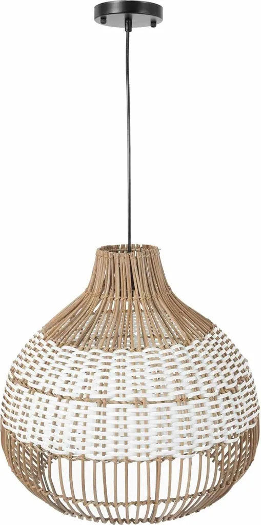 Lustre rond en rotin tressé main MEZZORA, abat-jour bohème 25x40 cm