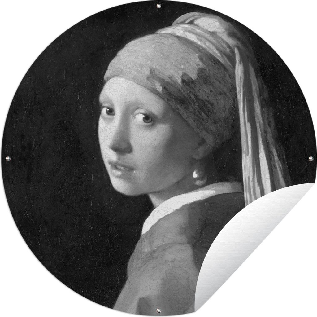MuchoWow Gartenposter Outdoor-Poster Rund Das Mädchen mit dem Perlenohrring - Gemälde von Johannes Vermeer - schwarz und weiß Ø 90 cm Gartend...