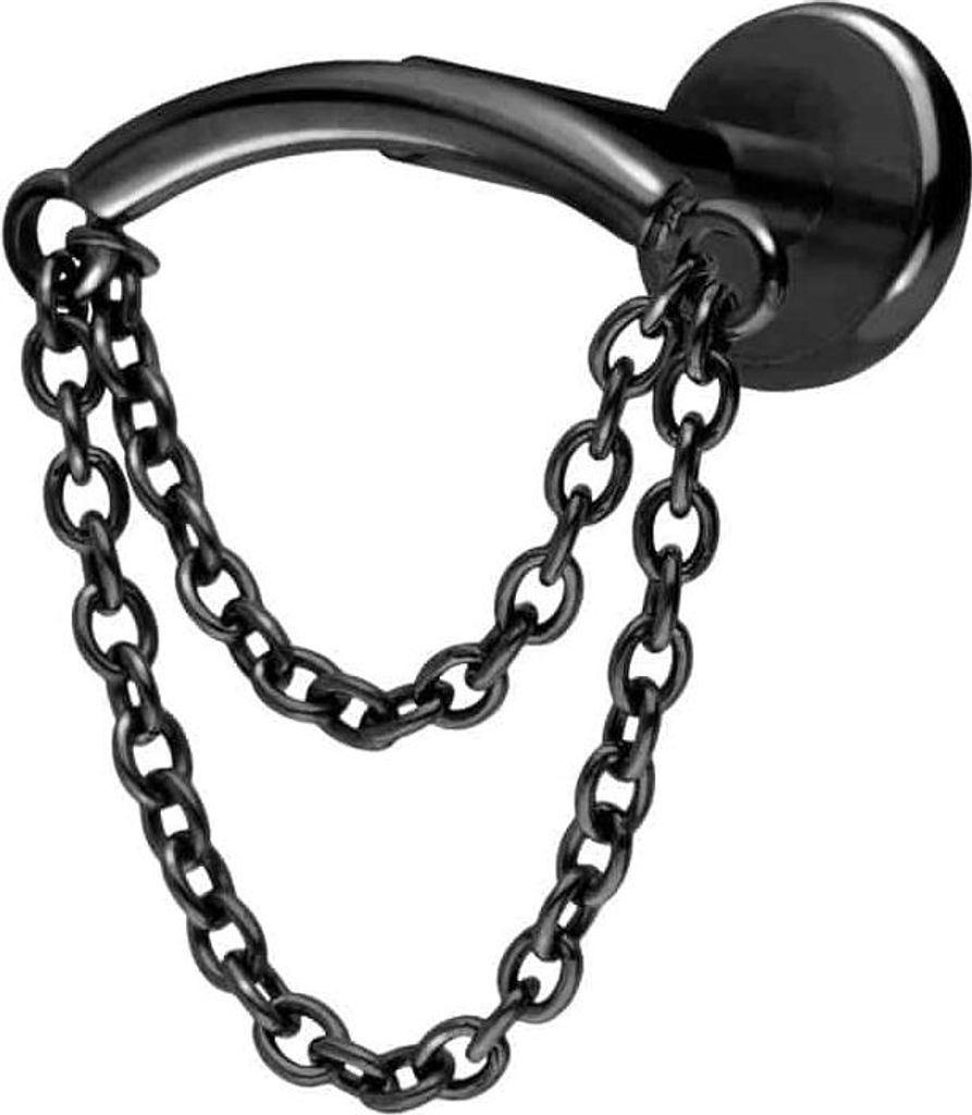 Ohrpiercing, Nasenpiercing Titan Labret mit Push Fit BOGEN + 2 KETTEN Schwarz Stablänge: 9mm | Stabstärke: 1mm