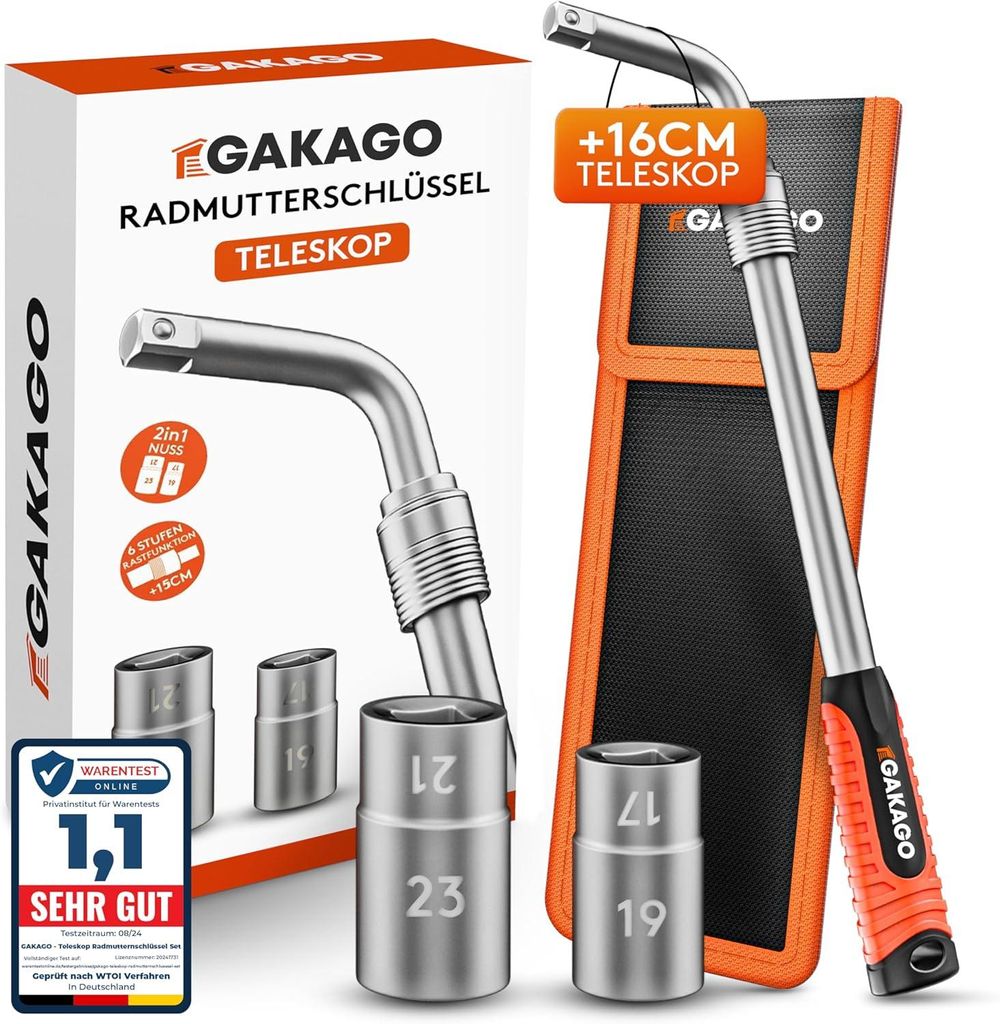 Gakago Teleskop Radmuttern-Schlüssel Set mit 17/19mm & 21/23mm Steckschlüssel-Einsatz 1/2 Zoll