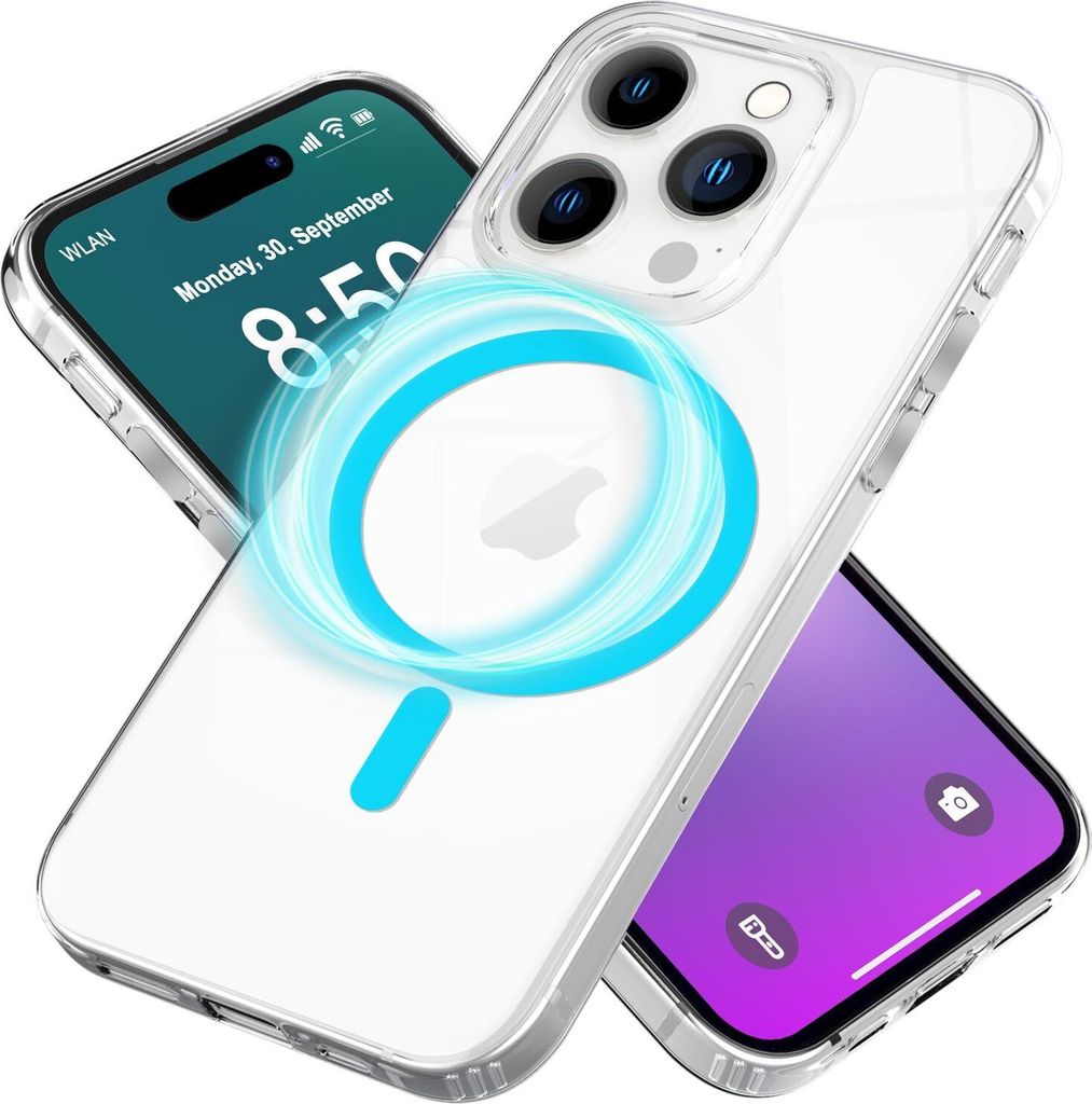 NALIA Neon-Ring Case für iPhone 16 Pro – MagSafe Kompatibel & Nachleuchtend – NIGHT-GLOW (Transparent & Anti-Gelb) – Marke aus Berlin – Blau
