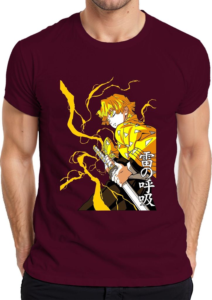Zenitsu Kimetsu no Yaiba Blitz Schwert Anime Manga 雷の呼吸 Geschenk Herren T-Shirt, Burgundy, L
