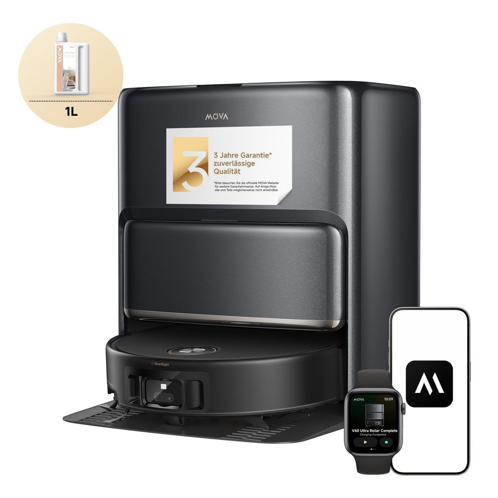 A robotic vacuum cleaner with its charging station, a bottle of cleaning fluid, a smartphone, and a smartwatch.