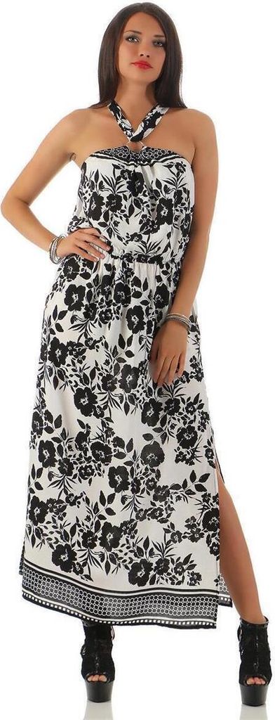 Damen Maxi Neckholder Kleid Sommerkleid mit Blumenmuster; Schwarz/S/M