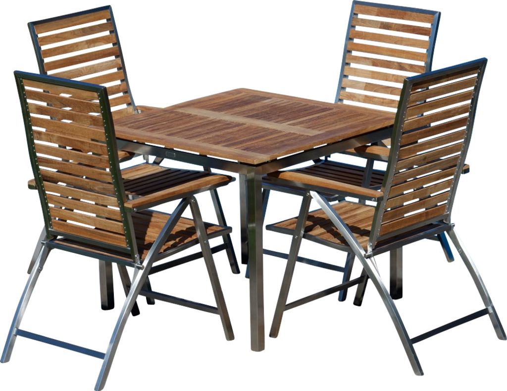 ALEOS. Gartengarnitur Edelstahl Teak Set: Tisch 90x90 cm + 4 Teak-Edelstahl Hochlehner, Sitzgruppe A-Grade Teak Holz - Gartenmöbel Set 4 Personen ...
