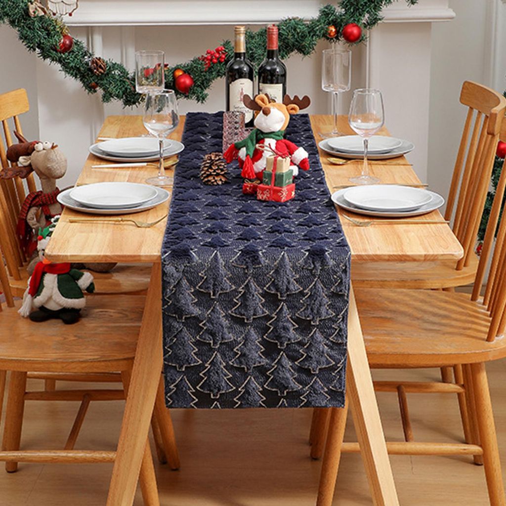 Weihnachtstischläufer aus weichem Plüsch-Jacquard-Muster mit Weihnachtsbaum-Motiv, einfarbig, mit Pailletten besetzt, für Esstisch, Weihnachtsfe...