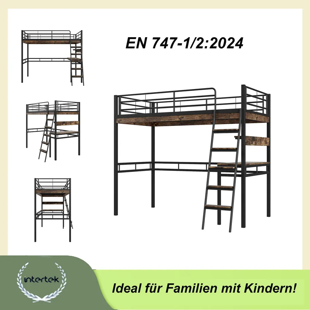 Lit Combiné Enfant 90x200 cm avec Bureau Intégré et Rangement Noir