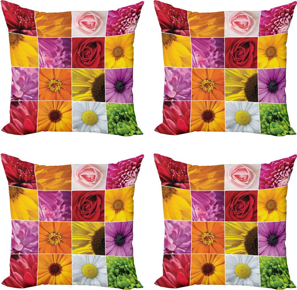 ABAKUHAUS Blume Kissenbezug Set (4 Stück), Bunte Blumen Rose, Moderner Doppelseitiger Digitaldruck, 45 cm x 45 cm, Orange Gelb Rosa