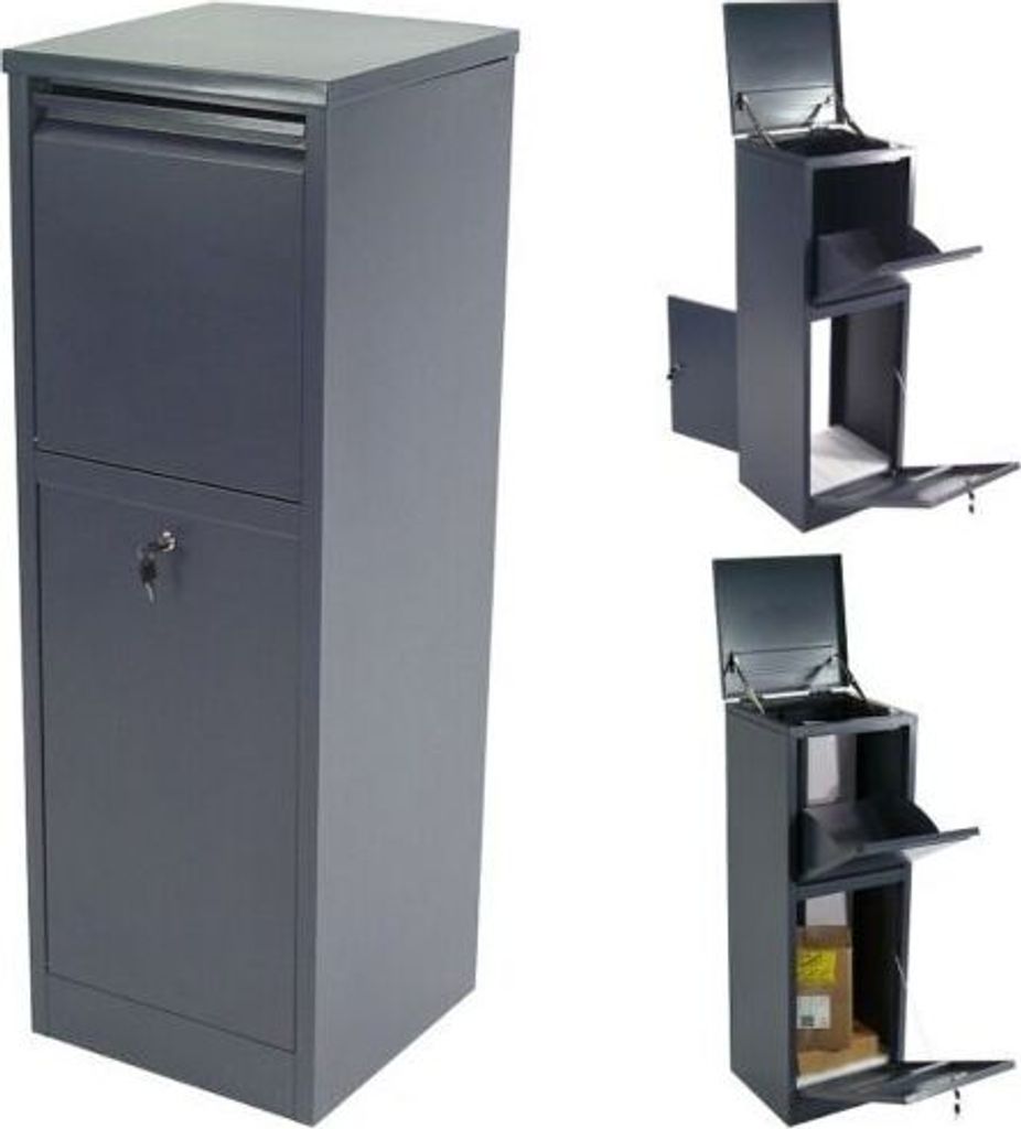 A collage of images showing a dark gray parcel box with different compartments and open doors, demonstrating its functionality.