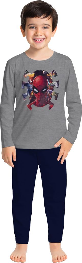 Marvel Spiderman Schlafanzug für Jungen Kinder Pyjama Set Langarm Oberteil mit Hose Grau/Blau 122-128