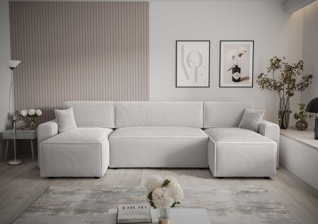 Ecksofa Alvito U BIS, Farbe: Weiß. Material: Kord. A: B: 330 cm,H: 85 cm,Otomana Länge: 140 cm, Eckcouch, Schlafcouch, Sofa bed, Schlafsofa