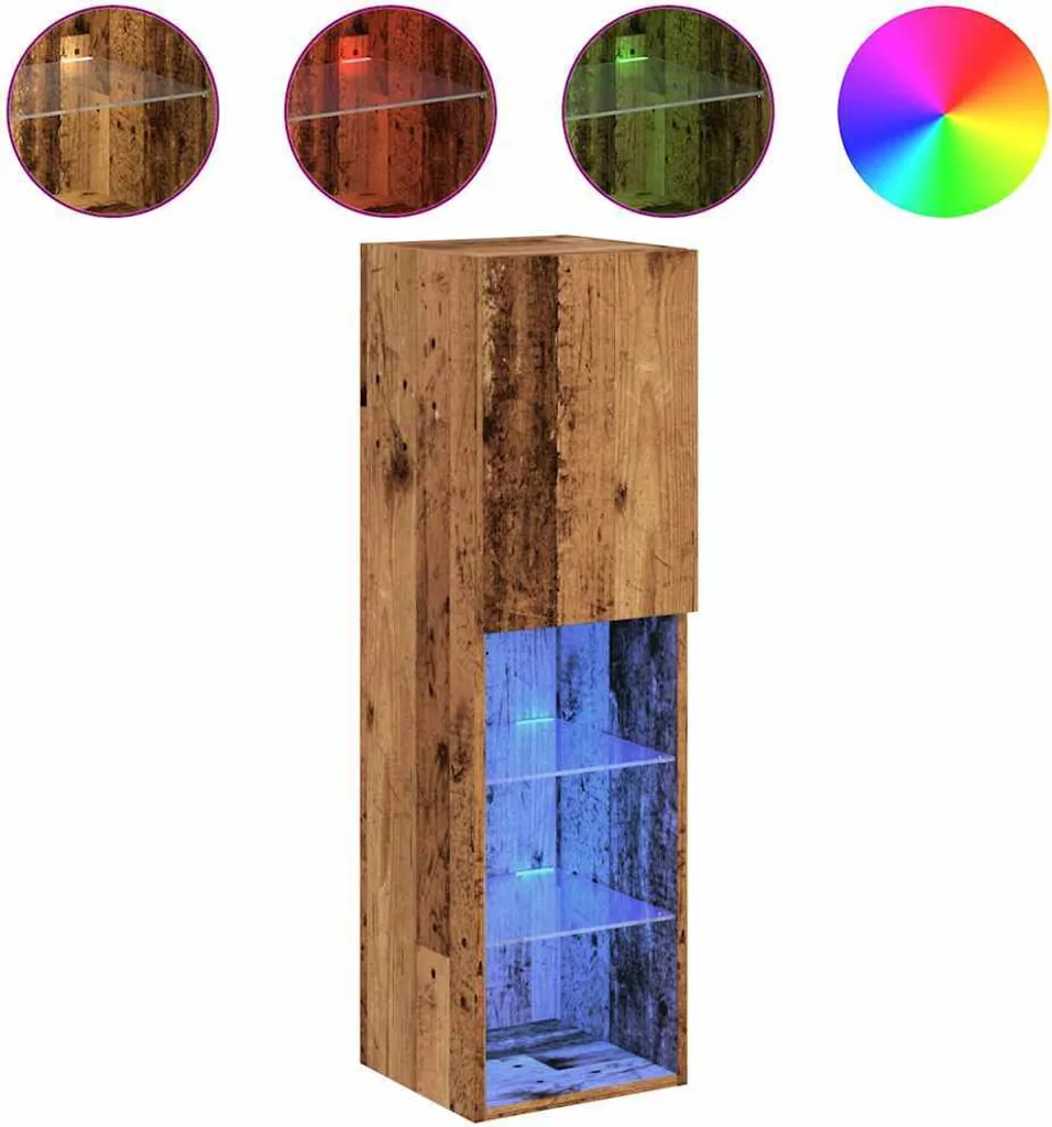 Meuble TV Vertical Anti-Encombrement LED Aspect Bois pour Coin Salon