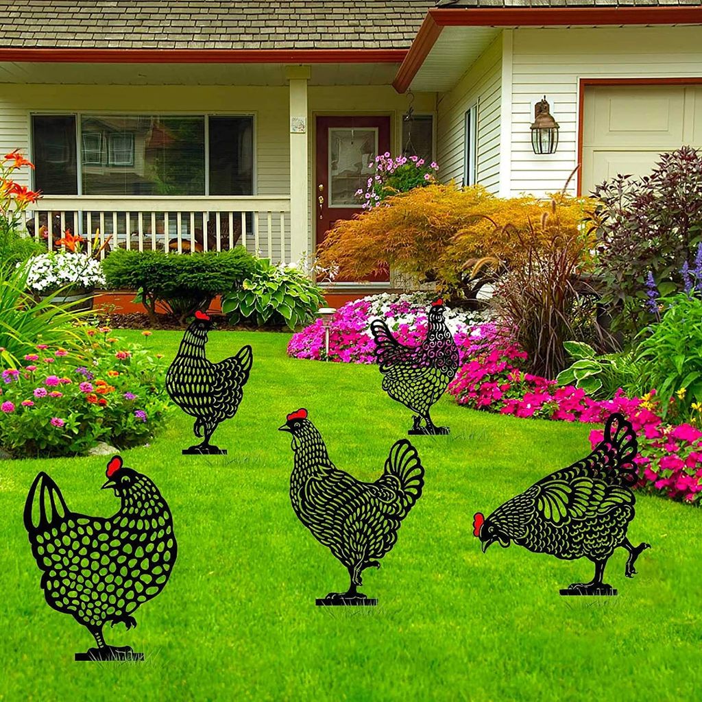 Gartenfiguren Metall-Hühner – 5-teiliges Set, 30x30 Cm, Wetterfest, Für Garten & Rasen