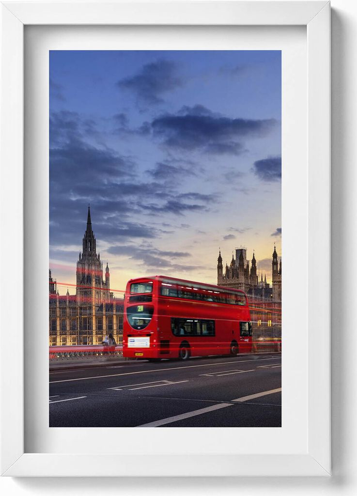 Roter Bus in London– Wandbild mit Rahmen – Gerahmtes Bild – Wanddekoration – 20x30 cm – Weiß
