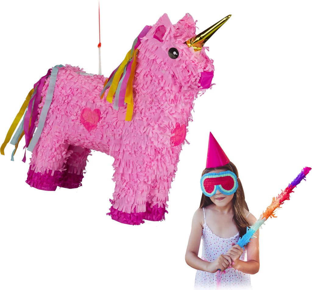 Relaxdays Pinata Einhorn, zum Aufhängen, Kinder, Mädchen, Geburtstag, zum Befüllen, HxBxT: 47 x 43 x 13 cm, rosa-pink