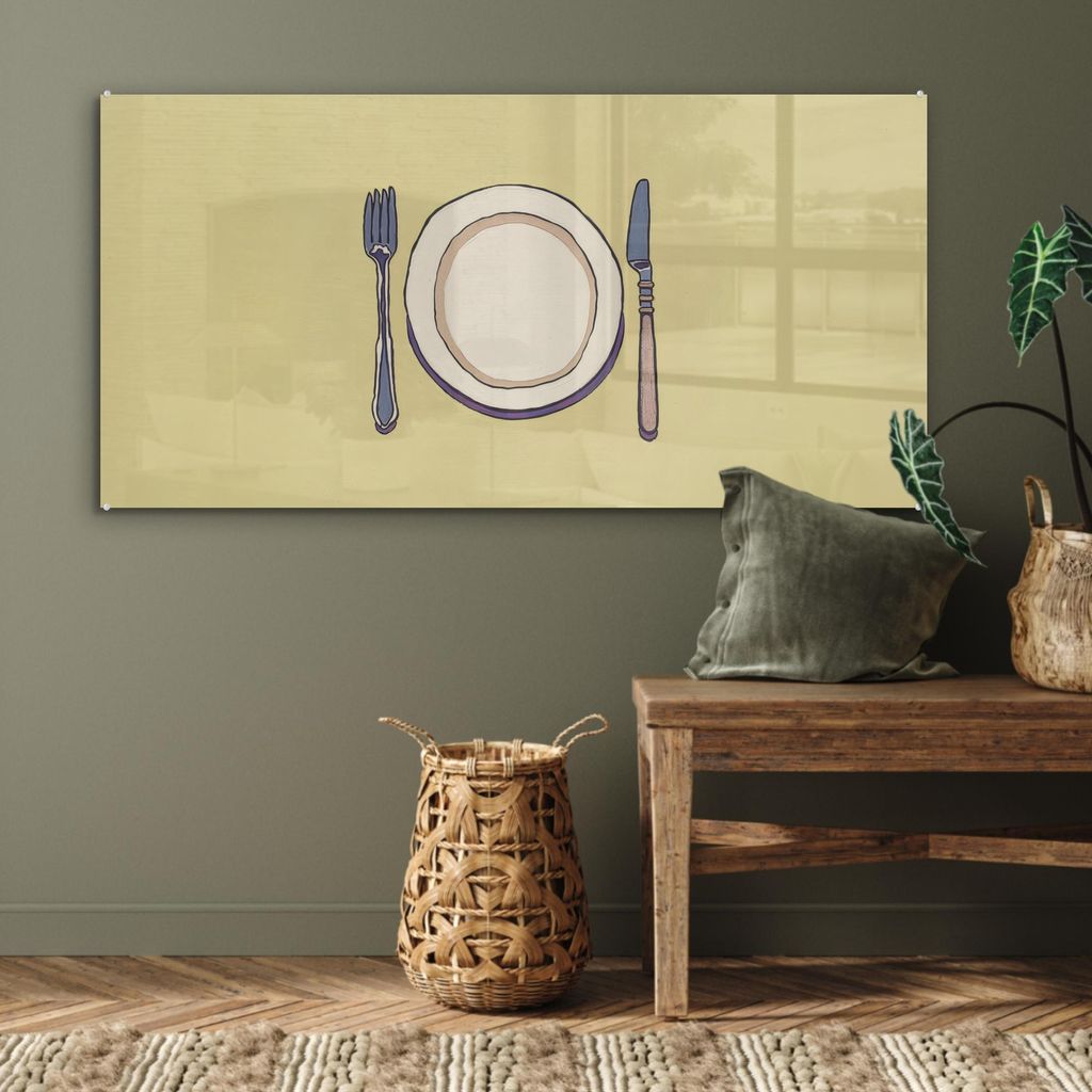 MuchoWow Glasbilder - Bilder auf Wandbild - Foto auf Glas Illustration - Teller - Besteck - Beige 120x60 cm Wanddekoration aus Glas - Acrylglasbild...