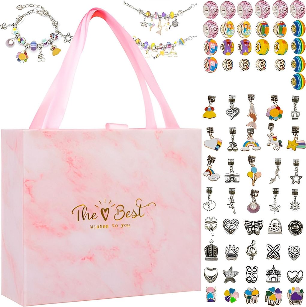 A gift set for making bracelets, including a pink marble patterned box and various charms and beads.