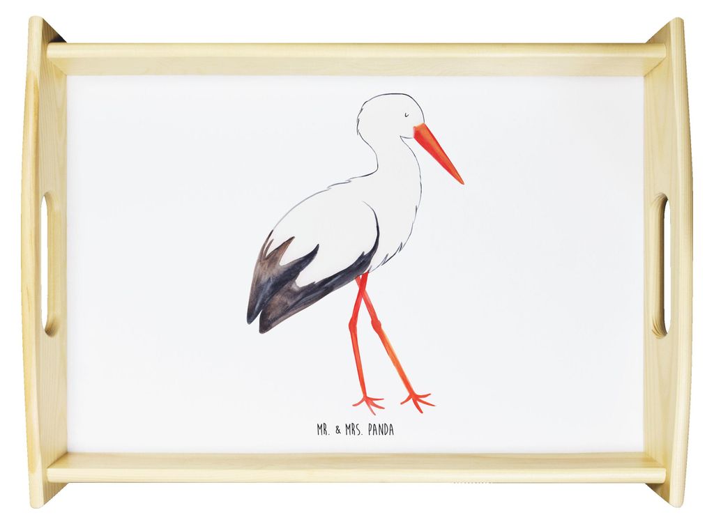 Mr. & Mrs. Panda Holztablett Storch - Weiß - Geschenk, Mutter, Störche, tablett für bett, Gute Laune, Geburt, Servier, serviertablett aus holz, ...