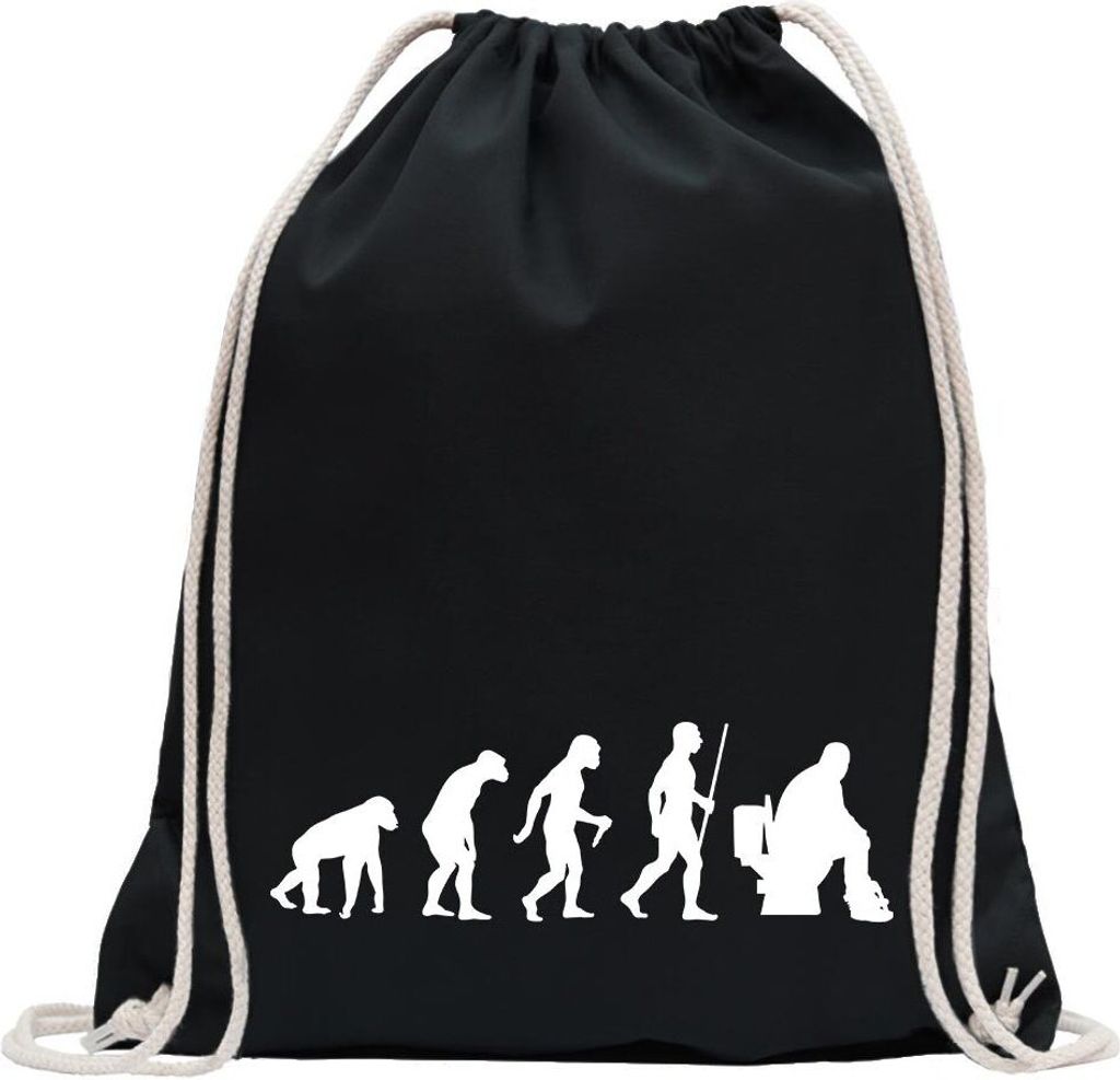 Kiwistar - Turnbeutel - schwarz - Klo Toiletten Evolution - Fun Rucksack Sport Beutel Gymsack Baumwolle mit Ziehgurt