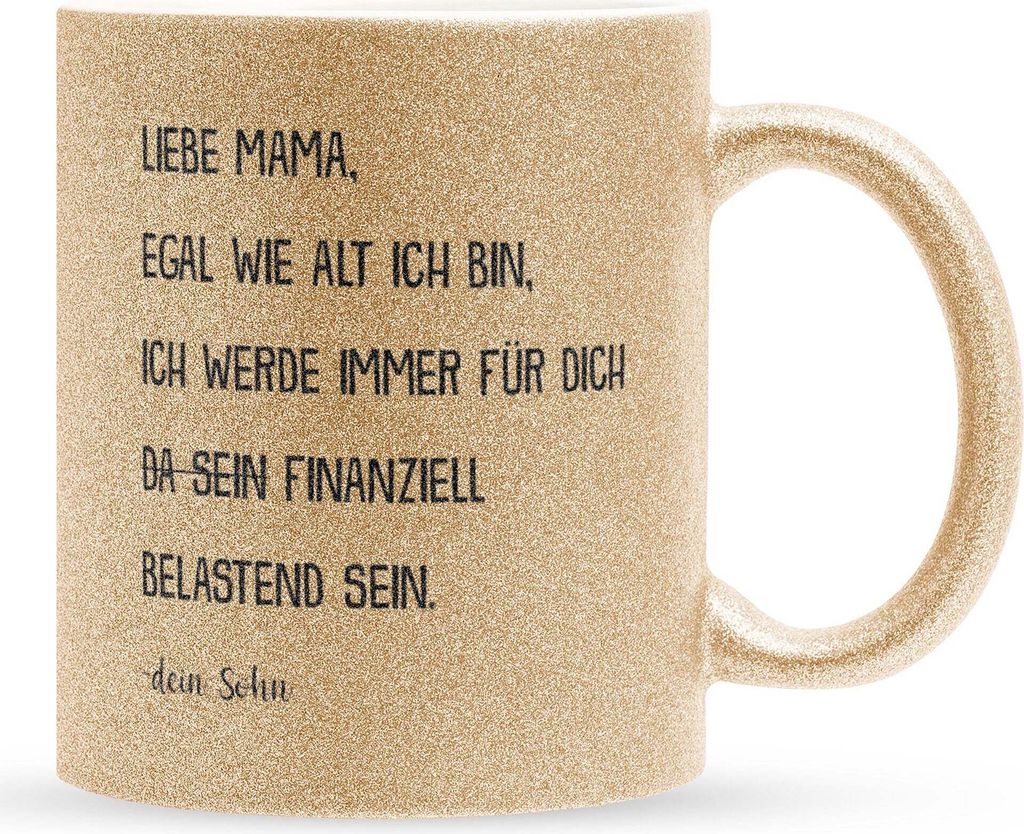 22Feels Glitzertasse Gold Mama Geschenk von Sohn Muttertag Geburtstag Mutter Weihnachten Kaffeetasse Frauen Geschenkidee Bürotasse