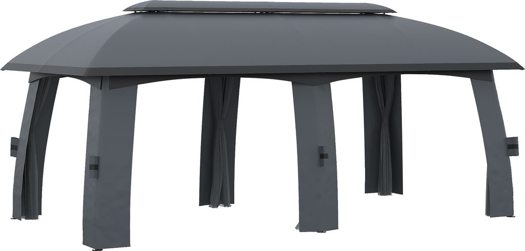 Gartenpavillon 3 x 6 m Partyzelt mit Doppeldach & Seitenwänden, Fliegennetze für bis zu 15 Personen, verzinkter Metall, dunkelgrau