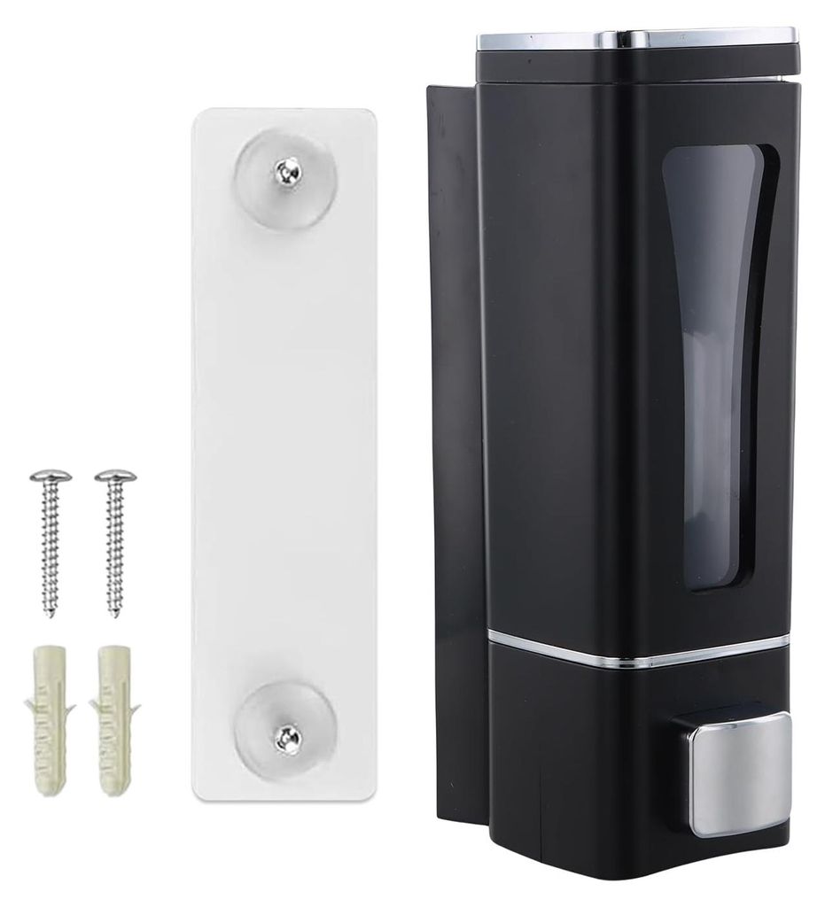 Wandmontierter Seifenspender, 400 ml Seifenspender, Duschgelspender (kein Bohren erforderlich), schwarz, ein Fach für Shampoo, Geschirrspülmittel...