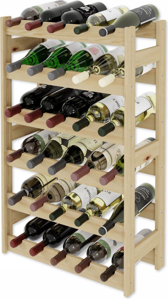 A wooden wine rack filled with wine bottles.