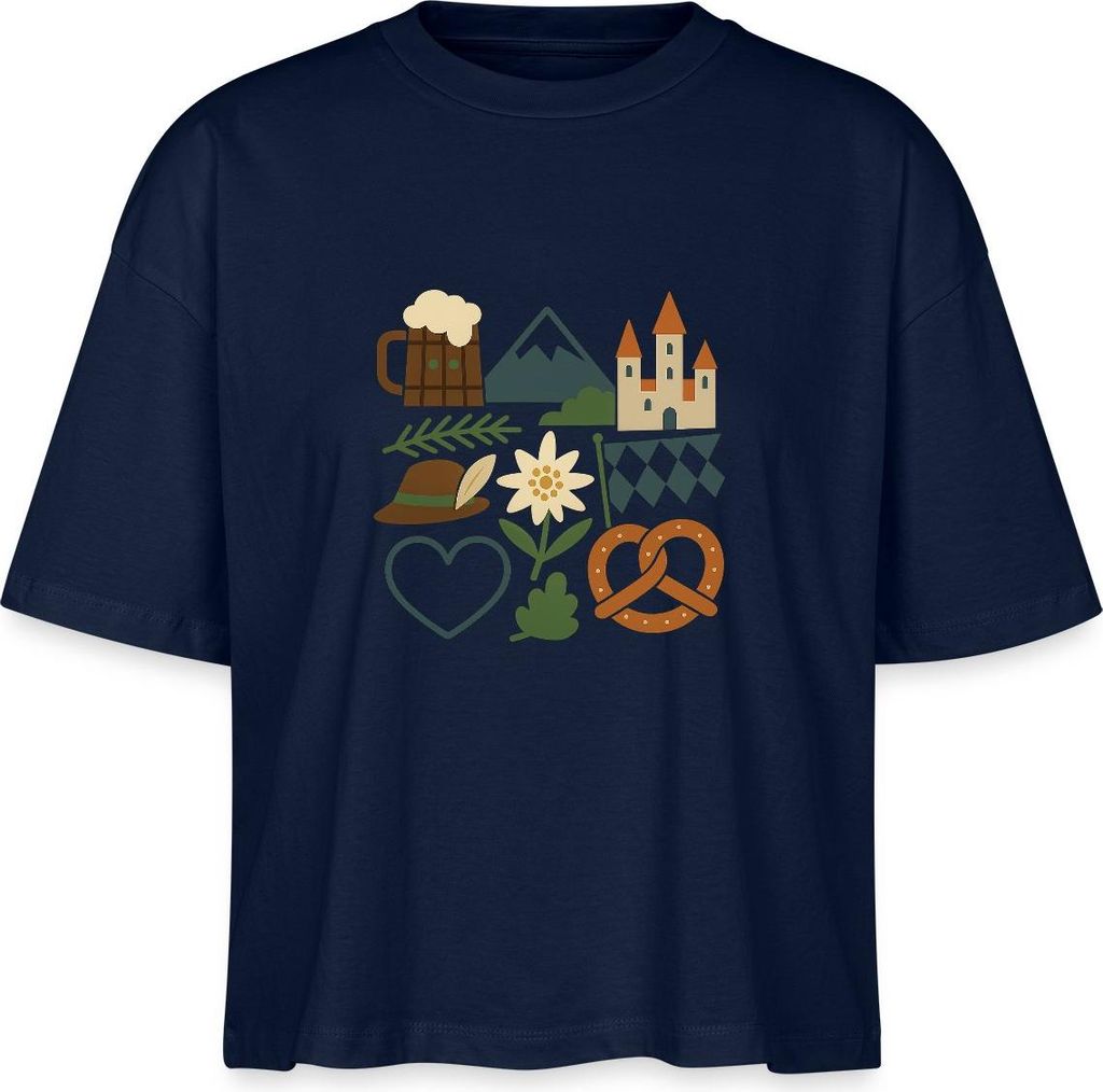 Spreadshirt Bayern Volksfest Breze Edelweiß München Boxy Shirt Damen, M, Navy
