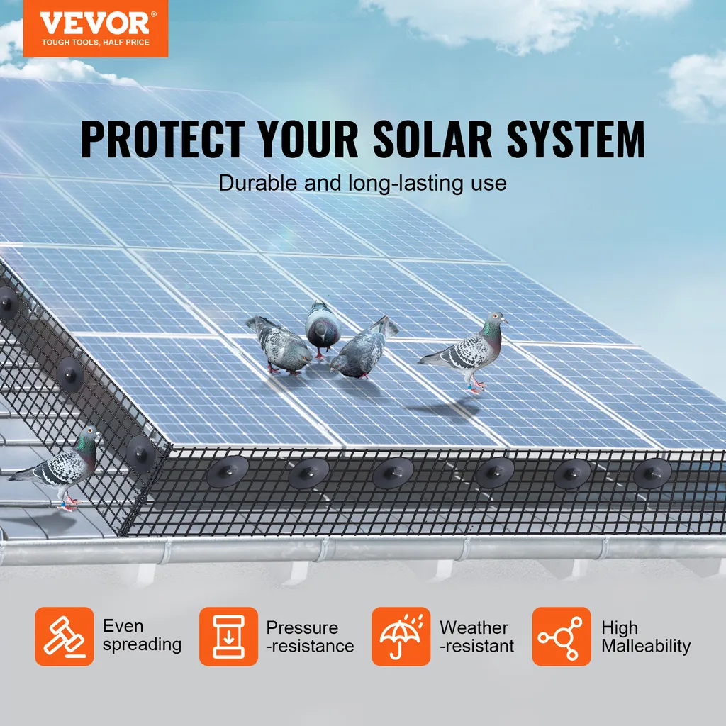 VEVOR protezione dagli uccelli per moduli solari, 20,3 cm x 30,5 m, rete di protezione dai piccioni per impianti solari con 70 elementi di fissaggio in acciaio inox, protezione dei moduli solari con rivestimento in PVC antiruggine, rete in rotoli da 1,27 cm - 2