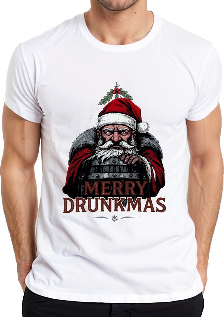 Merry Drunkmas Weihnachtsmann Bier Fass lustig Geschenk Vintage Herren T-Shirt, Weiß, M