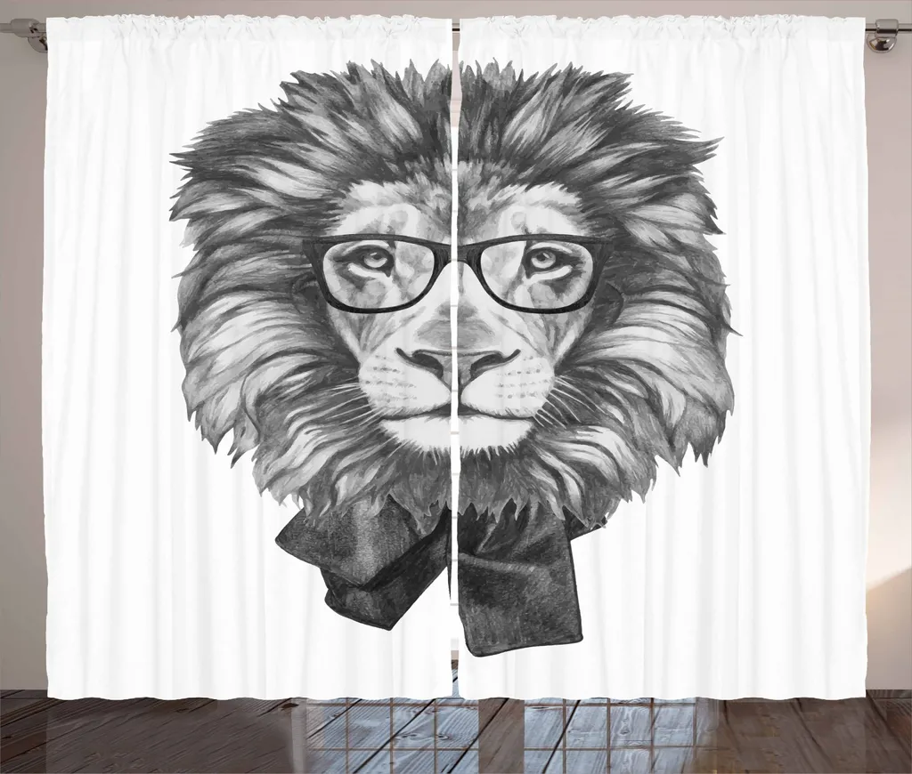 ABAKUHAUS Tenda rustica con motivo leone, animale hipster negli occhiali, tenda universale per soggiorno con passanti e ganci, 280 x 245 cm, grigio e grigio chiaro