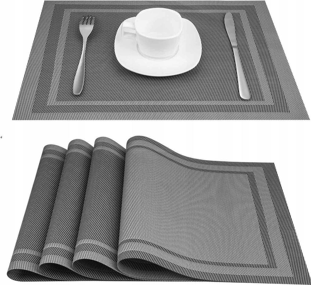 Two images showing placemats. The top image shows a single placemat with a cup, saucer, fork, and knife. The bottom image shows a stack of four placemats.