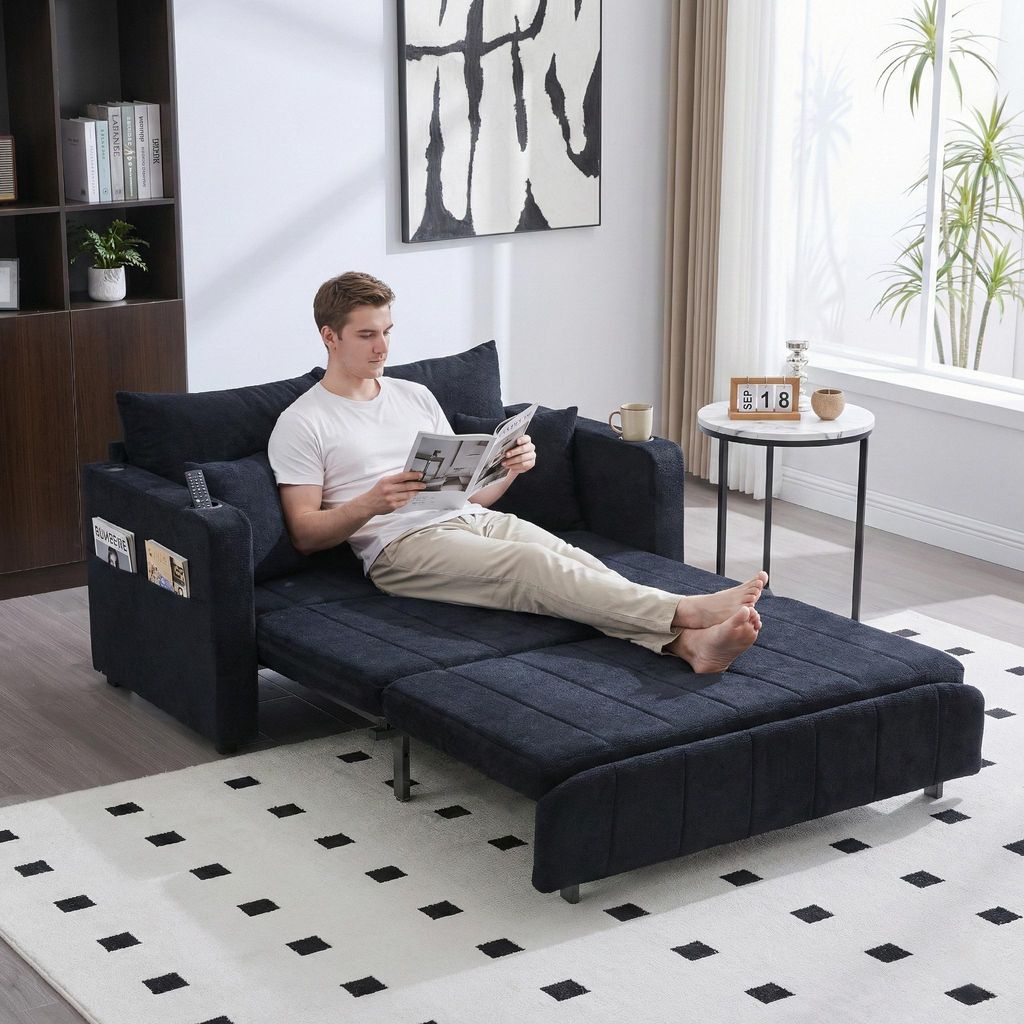 LVHOM Schlafsofa mit 3-fach verstellbarer Lehne&USB, Ausziehbares Schlafbett, 2-Sitzer mit Becherhalter Platzsparend 139x73x83cm, Schwarz