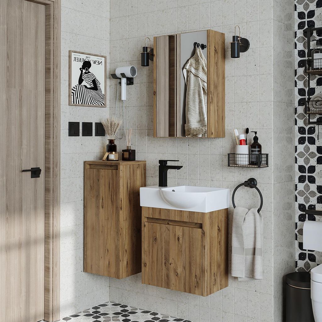 Roomart LEO Badmöbel Set– 4-teiliges Badezimmermöbel Set - Waschbeckenunterschrank mit Keramikwaschbecken, Spiegelschrank & Hochschrank - H 45 ...