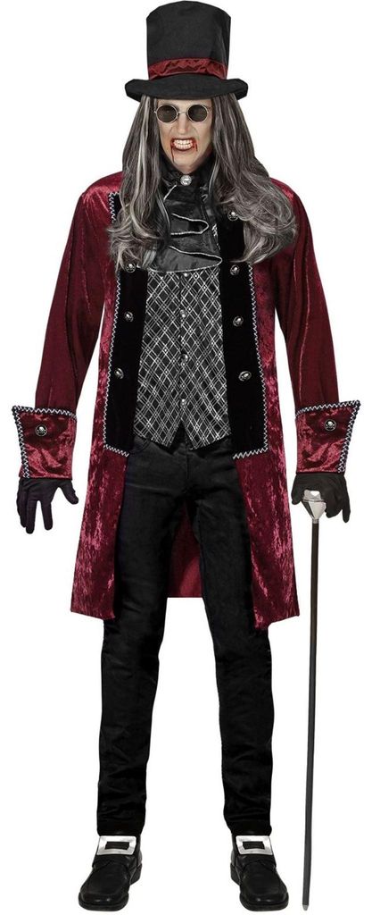 Herren im viktorianischen Vampir Kostüm mit rot-schwarzem Gehrock, gemusterter Weste, Jabot, Handschuhen und Zylinder.