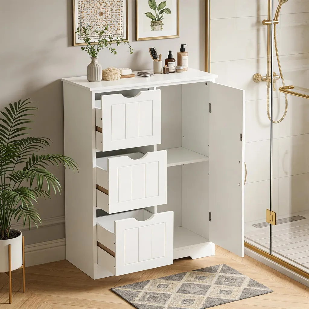Optimiser petite salle de bain avec cette armoire étroite à 3 tiroirs