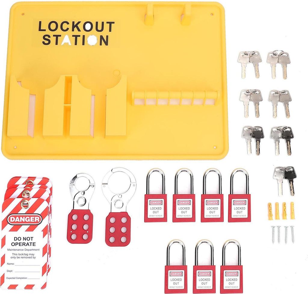 Lockout Tagout Station Kit PC PA Wandmontage Industrie-Sicherheitsschloss-Board-Set mit 10 Tags 2 Hasp Gelb
