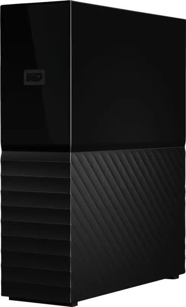 A black external hard drive is shown from a three-quarter angle against a white background.