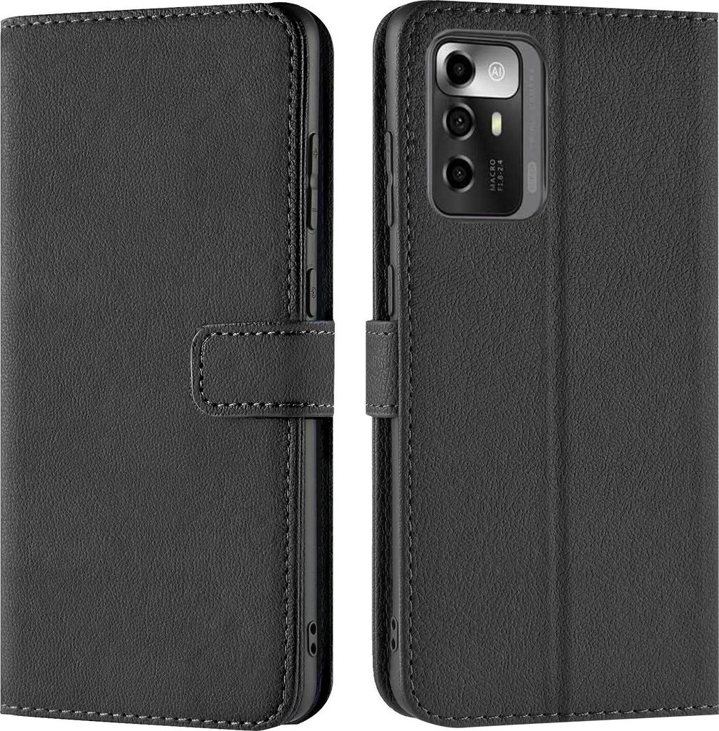 A black book-style phone case is shown open, displaying the inside and the phone it holds.