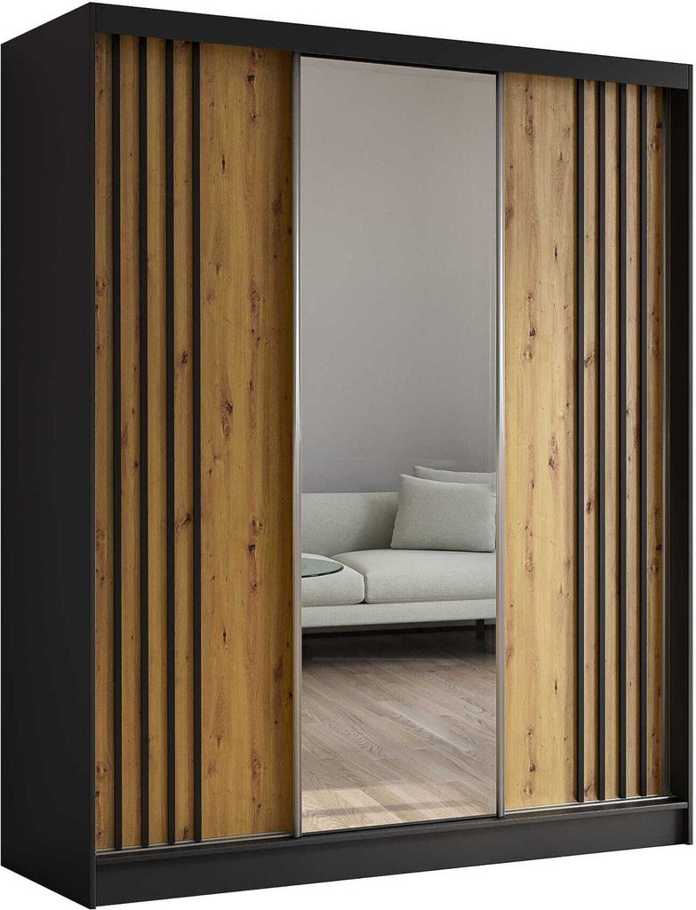 AGMAT Schwebetürenschrank Lugo, Kleiderschrank mit 3 Türen und Spiegel und 2 Schubladen, Moderne Garderobe in Farbe: Schwarz / Artisan, Schrank i...